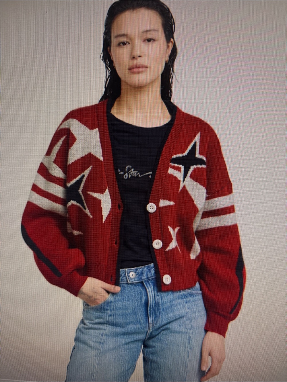 G-Star Loose Knitted Cardigan.  Black Star-Pattern V-Neck Cardigan Sweater M